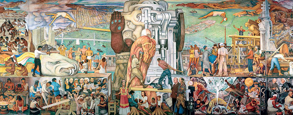 Mural divided into 10 panels: divided among them is a very large, diverse group of people of all different skin tones, all performing various activities (mostly manual labor and different types of work). Several famous figures can be seen among the busy crowd, including Frida Kahlo, Simón Bolívar, Abraham Lincoln, George Washington, Thomas Edison, Adolf Hitler, and Diego Rivera himself