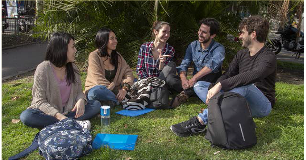 Five students sitting on the grass, talking among themselves.