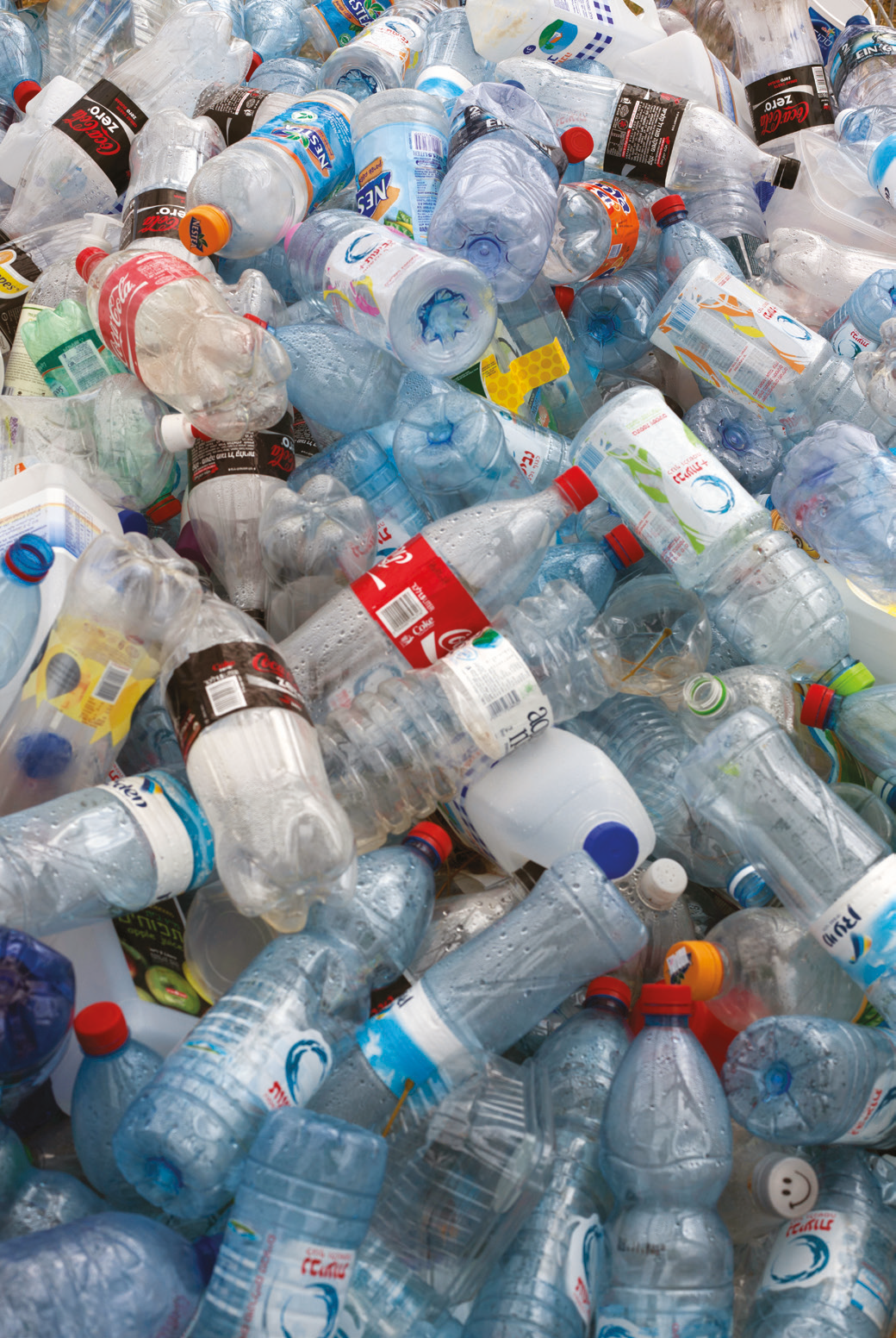 Large quantity of used plastic bottles piled up on top of one another. 