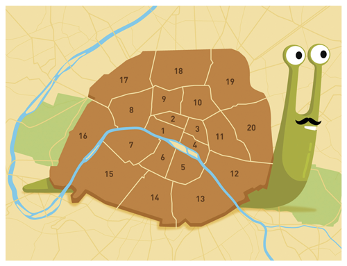 Carte de Paris avec des arrondissements numérotés et un escargot souriant à moustache.