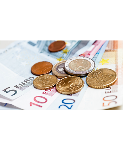 Euro banknotes and coins.