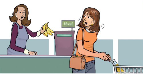 A cartoon of a cashier at a store holding up a bunch of bananas for a woman to see. The woman looks back over her shoulder at the cashier.