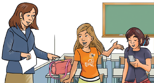 A cartoon of a teacher pointing to a bag on a desk. A student answers the teacher while pointing to another girl.