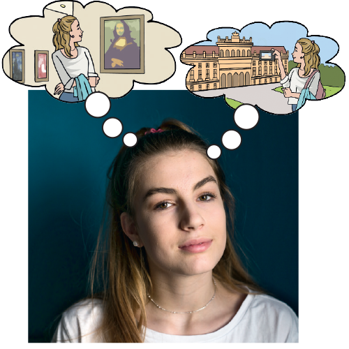 A photo of a girl with two thought bubbles drawn over her. One shows a girl in an art museum and the other shows a girl taking a picture of a palace.