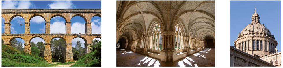 Fig.1.39  Arcs (pont del Diable de Tarragona), voltes (monestir de Poblet) i cúpula (Museu Nacional d’Art de Catalunya a Barcelona)