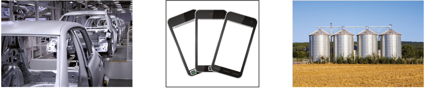 Fig.1.45  Estructures laminars o de carcassa: xassís d’un cotxe, carcassa d’un telèfon mòbil i dipòsit de cereals